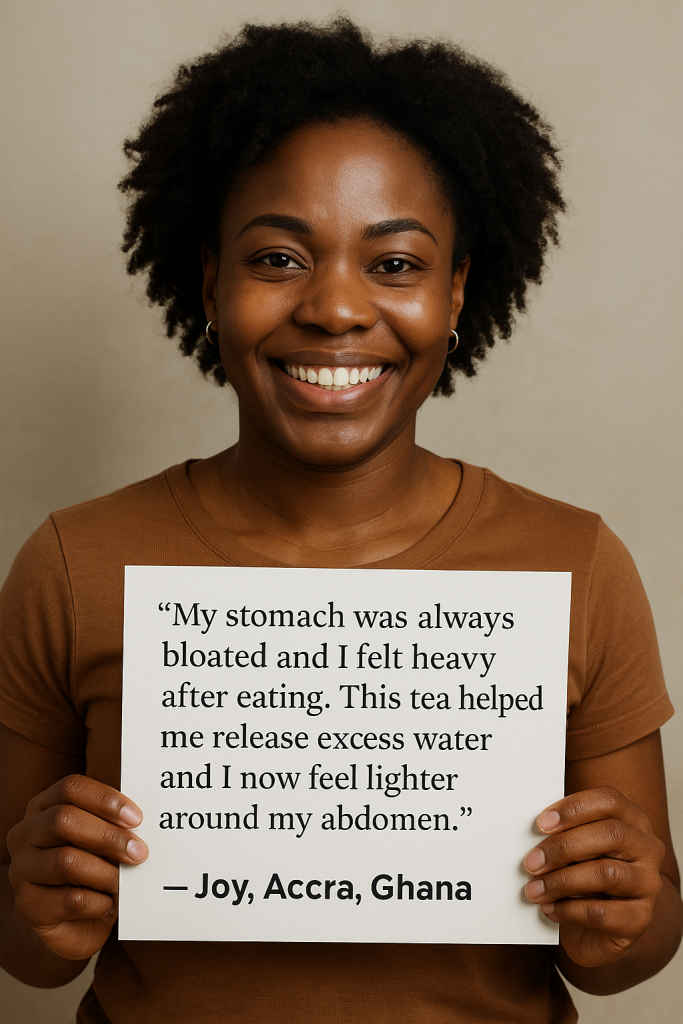 Joy from Accra Ghana testimonial - stomach bloating relief and feeling lighter with Ginseng Tea