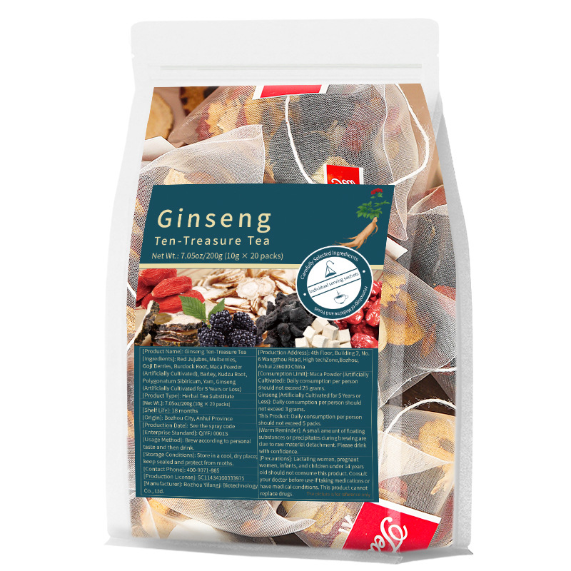 Ginseng Ten-Treasure Tea brewed in an elegant cup on a wooden board with dried ingredients